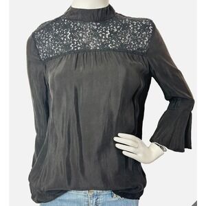 4 Our Dreamers Whimsy Goth Top Size Small Black Lace Flared Sleeve Button Back